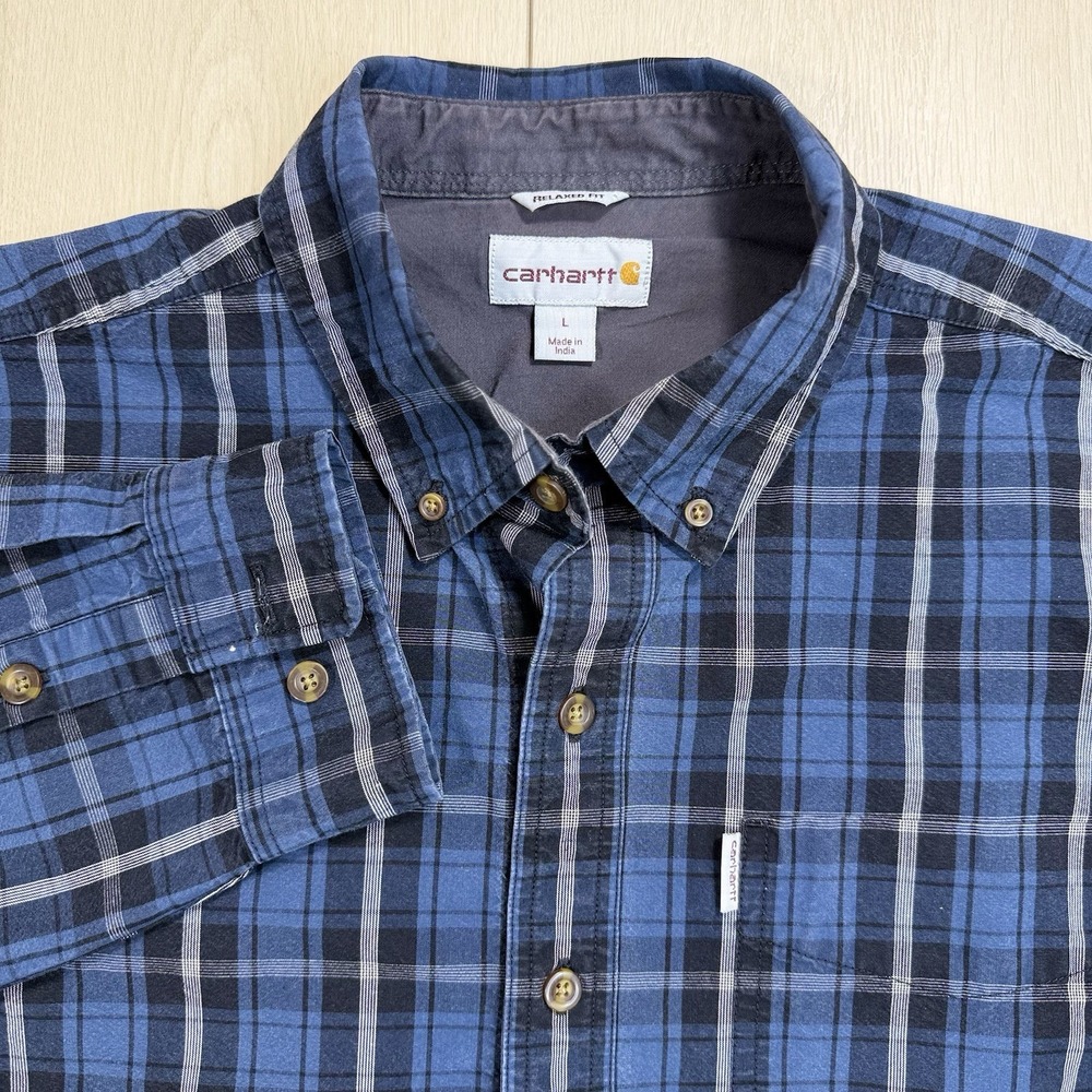 Carhartt‎ Men's L Plaid Button Up Shirt Blue Long Sleeve 100% Cotton Workwear
